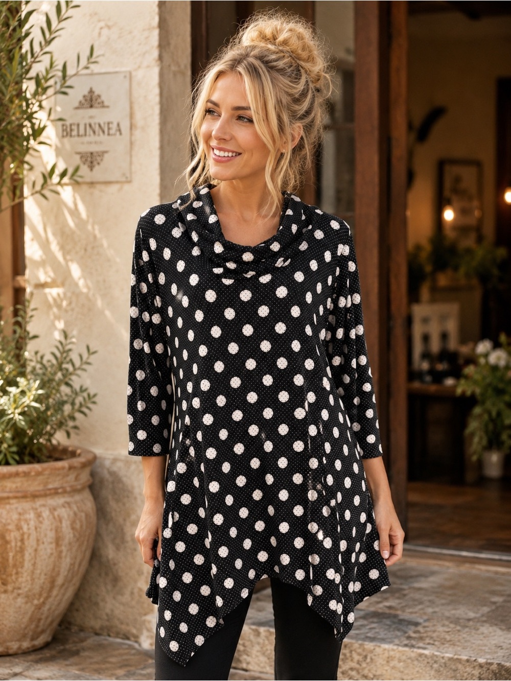 Chaus New York Black & White Polka Dot Cowl Neck Tunic Top L Handkerchief Hem